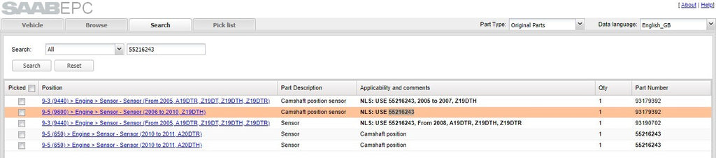 Saab 93 9-3 (05-12) 95 9-5 (06-12) Camshaft Position Sensor 55216243 / 552016...