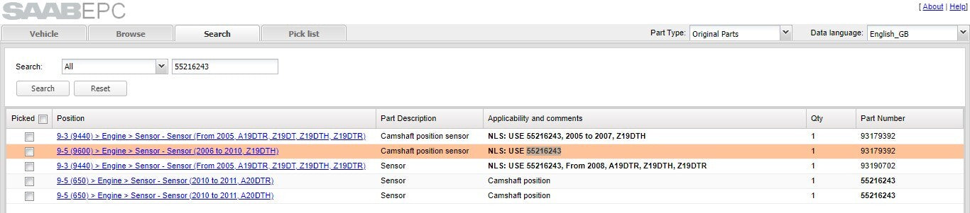 Saab 93 9-3 (05-12) 95 9-5 (06-12) Camshaft Position Sensor 55216243 / 552016...